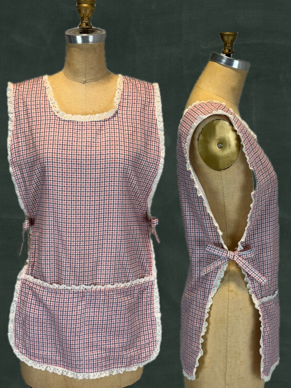 VINTAGE smock apron utility chore plaid flannel cotton lace household art studio